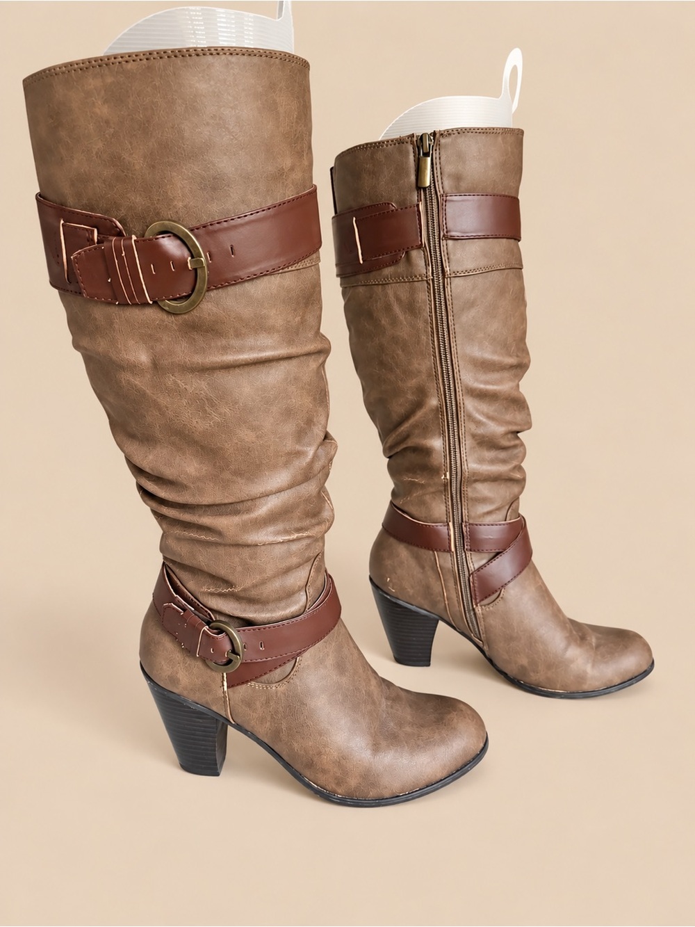 Tawny Brown Buckle-Accent Women's Knee Boots
